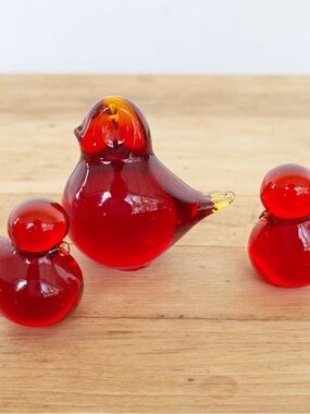 Vintage FM Konstglas Sweden Red Glass Mini Bird MCM Set Of 3
